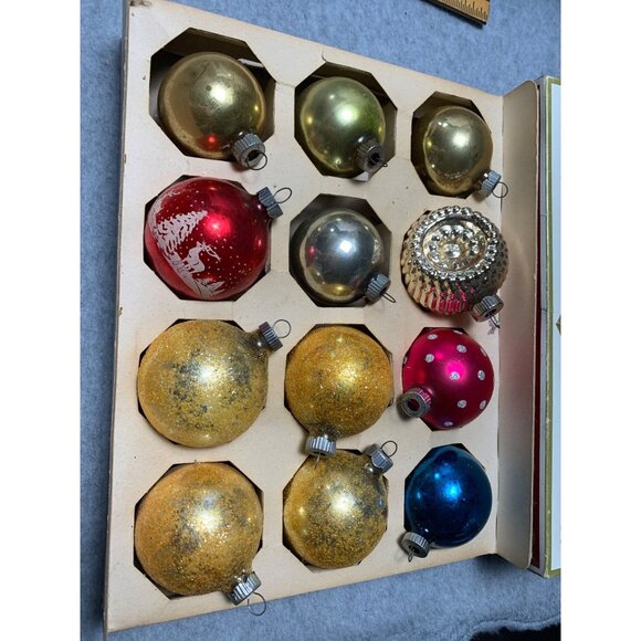 Vintage Shiny Brite 12 Glass Christmas Ornaments Gold Red Blue Silver Polka Dots - Picture 1 of 11